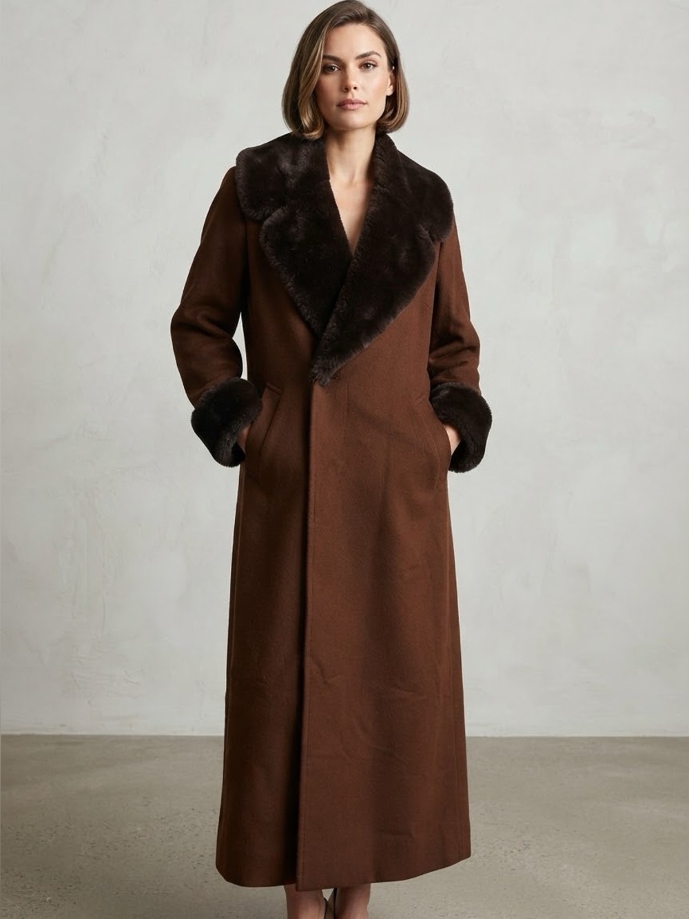 Vintage Women’s 8 Brown Wool Faux Fur Collar Searle Blatt 90s Y2K Long Overcoat